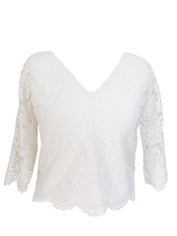 V Neck Lace Top Ivory Three Quarter Sleeves